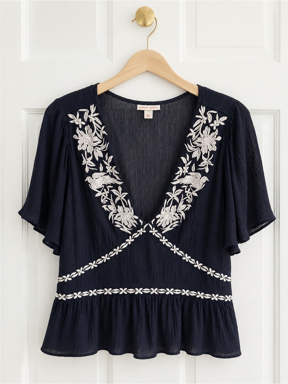 Knox Rose XXL Navy Embroidered Peasant Blouse Boho Floral Bird V Neck Rayon